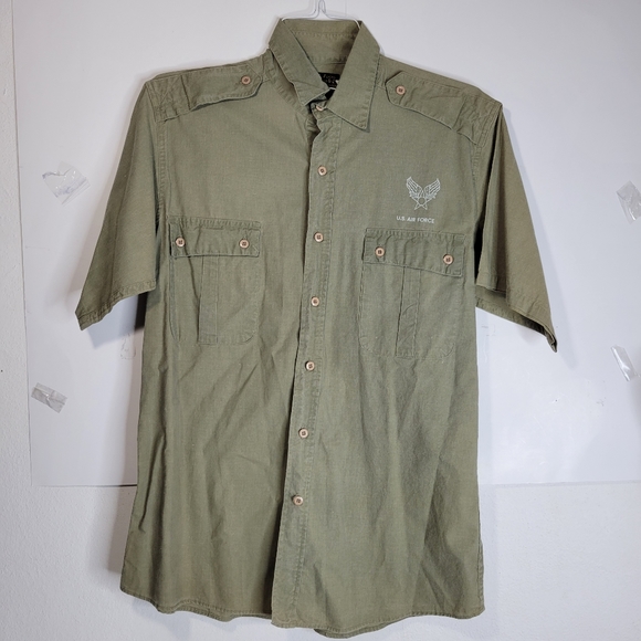 Men's Air Force short sleeve Button front khaki/green Shirt Size L 100% Cotton - Picture 2 of 8